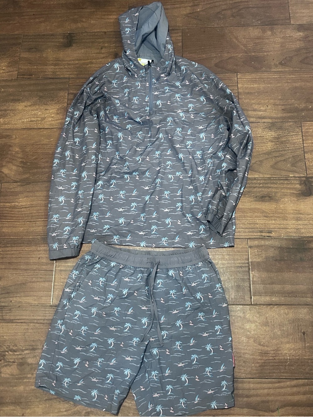 Men's Hooded Swim Set in Gray with Blue Palm Print.